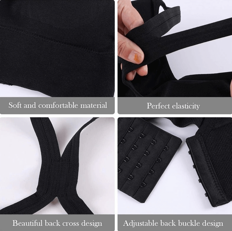 Details of black push-up sports bra with soft material, perfect elasticity, cross design, and adjustable back buckle.